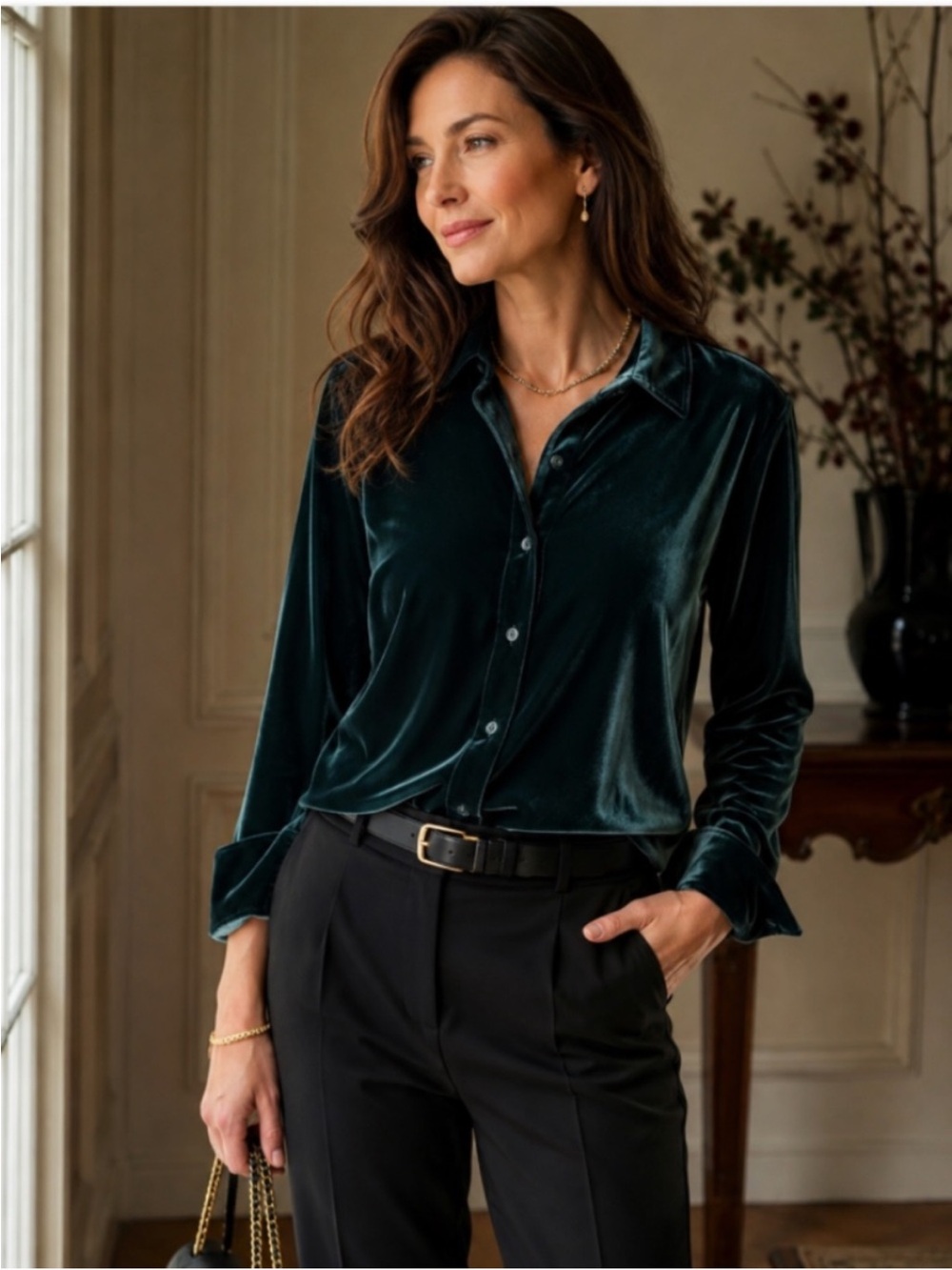 Soft Surroundings Velvet Boyfriend Tunic Shirt Dark Emerald Large Holiday